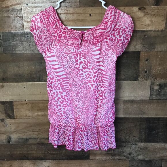 Tempted Blouse Pink White Animal Print Ruffled Layered Scoop Neck Large Girls - Picture 9 of 12